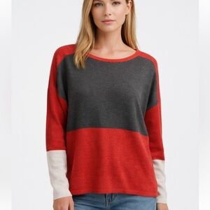 Eileen Fisher Red, Charcoal & White Colorblock Crewneck Sweater